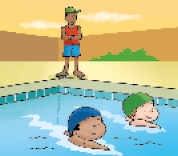 Imagem: Ilustração 2. Duas crianças nadando na piscina. Ao lado, um homem observa com os braços cruzados. Fim da imagem.