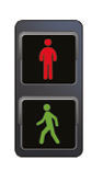 Imagem: Ilustração. SEMÁFORO PARA PEDESTRES. Na parte superior, silhueta vermelha de uma pessoa parada. Na parte inferior, silhueta verde de uma pessoa andando.  Fim da imagem.