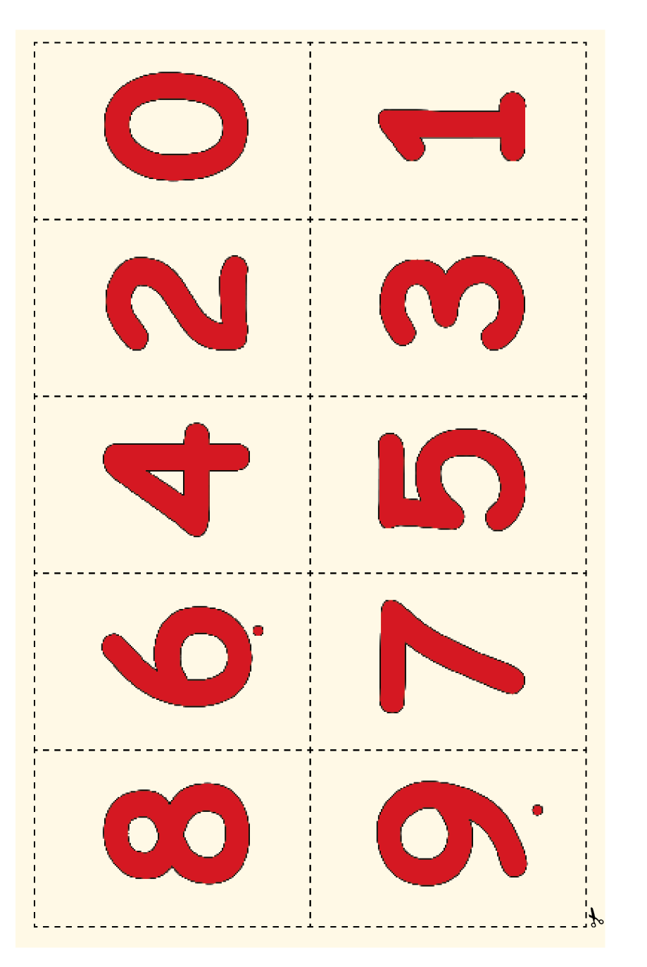 Imagem: Ilustração. Cartas com os números: 0, 1, 2, 3, 4, 5, 6, 7, 8, 9. Em volta de cada carta há linhas pontilhadas para recortar. Fim da imagem.