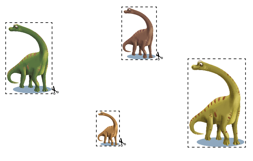 Imagem: Ilustração. Quatro dinossauros com linhas pontilhadas em volta para recortar.  Dinossauro muito grande. Dinossauro médio. Dinossauro pequeno. Dinossauro grande.    Fim da imagem.