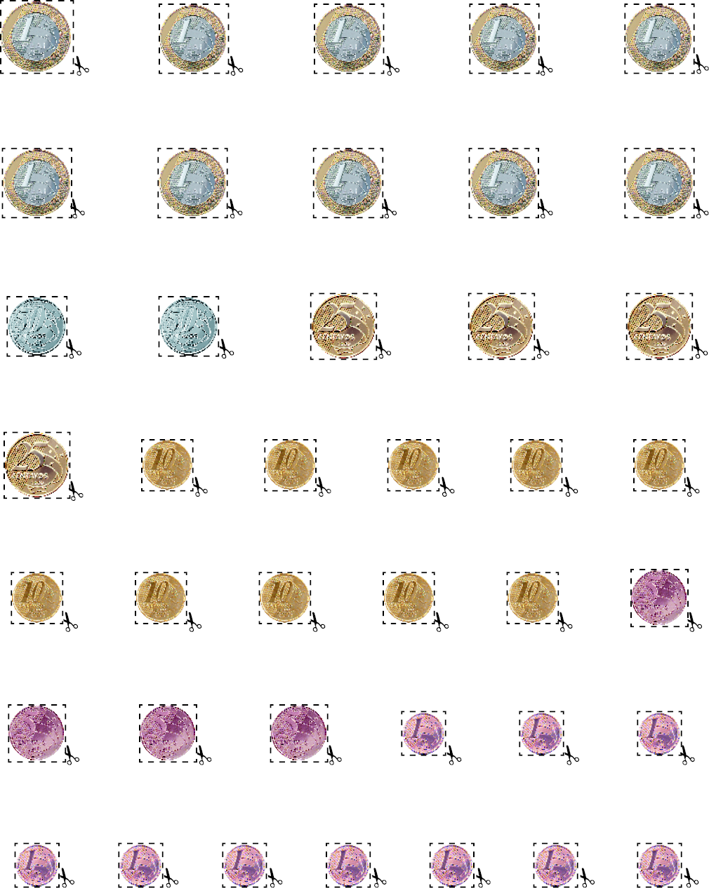 Imagem: Fotografia. Moedas com linhas pontilhadas em volta para recortar: dez moedas de um real, duas moedas de cinquenta centavos, quatro moedas de vinte e cinco centavos, dez moedas de dez centavos, quatro moedas de cinco centavos e dez moedas de um centavo. Fim da imagem.
