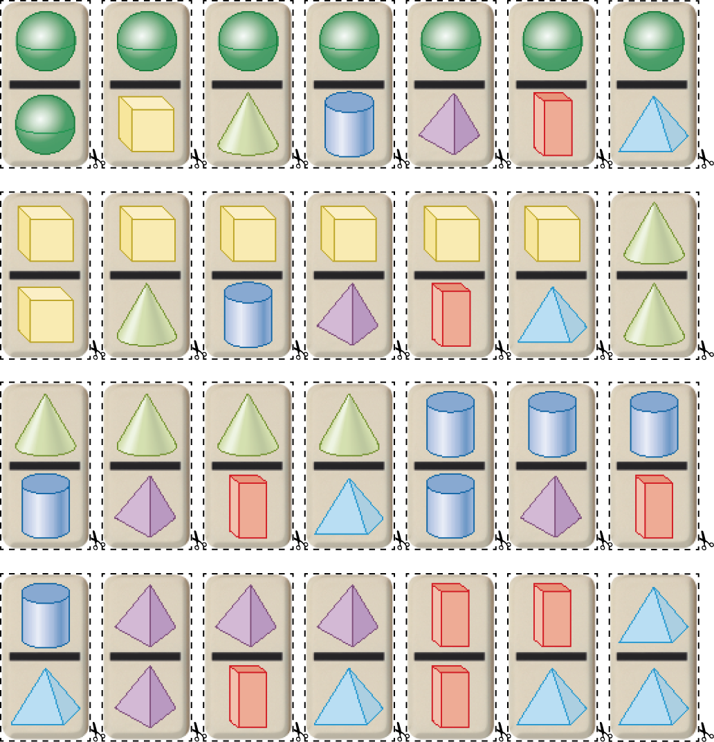 Imagem: Ilustração. Peças de dominó com linhas pontilhadas em volta para recortar. Nas peças há formas geométricas. Peça com duas esferas, peça com uma esfera e um cubo, peça com uma esfera e um cone, peça com uma esfera e um cilindro, peça com uma esfera e uma pirâmide roxa, peça com uma esfera e um paralelepípedo, peça com uma esfera e uma pirâmide azul. Peça com dois cubos, peça com um cubo e um cone, peça com um cubo e um cilindro, peça com um cubo e uma pirâmide roxa, peça com um cubo e um paralelepípedo, peça com um cubo e uma pirâmide azul, peça com dois cones. Peça com um cone e um cilindro, peça com um cone e uma pirâmide roxa, peça com um cone e um paralelepípedo, peça com um cone uma pirâmide azul, peça com dois cilindros, peça com um cilindro e uma pirâmide roxa, peça com um cilindro e um paralelepípedo. Peça com um cilindro e uma pirâmide azul, peça com duas pirâmides roxas, peça com uma pirâmide roxa e um paralelepípedo, peça com uma pirâmide roxa e uma pirâmide azul, peça com dois paralelepípedos, peça com um paralelepípedo e uma pirâmide azul, peça com duas pirâmides azuis. Fim da imagem.