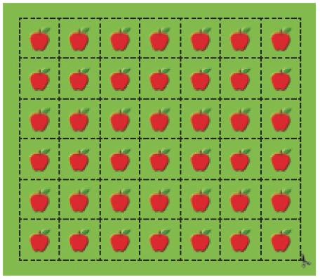 Imagem: Ilustração. Quadrado verde com quarenta e duas maçãs vermelhas. Em volta de cada uma há linhas pontilhadas para recortar.  Fim da imagem.