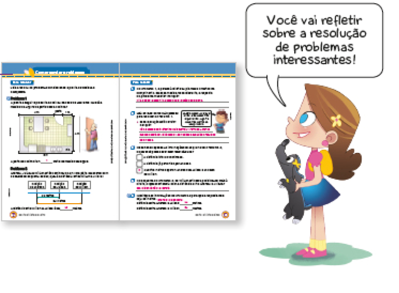 Imagem: Ilustração. Amélia segura Bizi e fala: Você vai refletir sobre a resolução de problemas interessantes! Ao seu lado, ilustração que exemplifica como será a seção Compreender problemas. Página dupla composta por textos e imagens.  Fim da imagem.