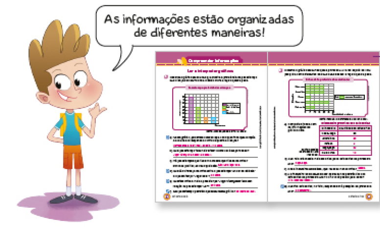 Imagem: Ilustração. Daniel aponta para o lado e fala: As informações estão organizadas de diferentes maneiras! Ao seu lado, ilustração que exemplifica como será a seção Compreender informações. Página dupla composta por textos e imagens.  Fim da imagem.