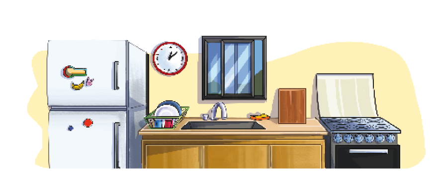 Imagem: Ilustração. À esquerda, uma geladeira branca com imãs coloridos. No centro, uma pia com pratos sobre um escorredor e uma tábua. Atrás há uma janela e um relógio circular. À direita, um fogão preto. Fim da imagem.