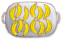 Imagem: Ilustração. Uma bandeja com doze bananas.   Fim da imagem.