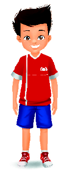 Imagem: Ilustração. menino com cabelo castanho, camiseta e tênis vermelhos e bermuda azul.     Fim da imagem.