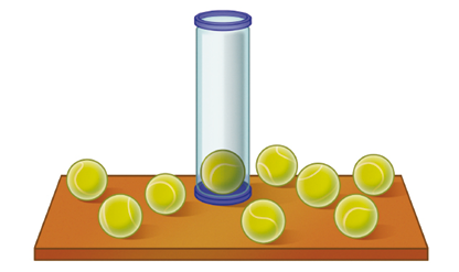 Imagem: Ilustração. Oito bolinhas de tênis sobre uma mesa. No centro há uma bolinha dentro de uma embalagem cilíndrica. Fim da imagem.