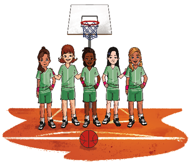 Imagem: Ilustração. Cinco meninas com uniforme verde estão sorrindo. Na frente delas há uma bola de basquete e ao fundo, uma cesta. Fim da imagem.