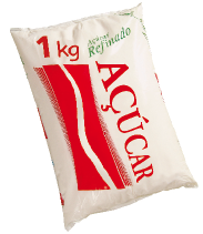 Imagem: Fotografia. Embalagem de açúcar com 1 kg.   Fim da imagem.