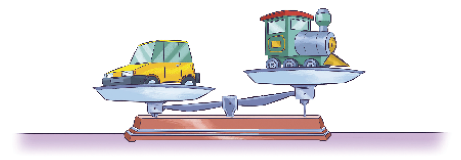 Imagem: Ilustração. Uma balança de pratos inclinada para a esquerda. À esquerda, um carrinho amarelo e à direita, um trenzinho verde. Fim da imagem.
