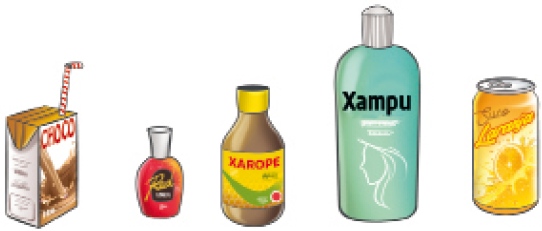 Imagem: Ilustração. Uma caixinha com canudo, um frasco de esmalte, um frasco pequeno de xarope, um frasco de xampu e uma lata.  Fim da imagem.