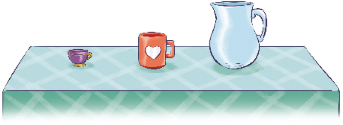 Imagem: Ilustração. Uma mesa e sobre ela há uma xícara, uma caneca e um jarro.  Fim da imagem.