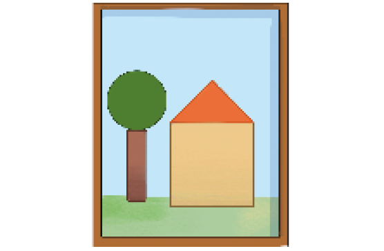 Imagem: Ilustração de um quadro. À esquerda, uma árvore composta por um retângulo marrom (tronco) e um círculo verde (copa). À direita, uma casa composta por um triângulo vermelho (telhado) e um quadrado bege (parede).    Fim da imagem.