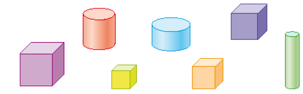 Imagem: Ilustração. Quatro cubos e três cilindros coloridos. Todos são de tamanhos diferentes.  Fim da imagem.