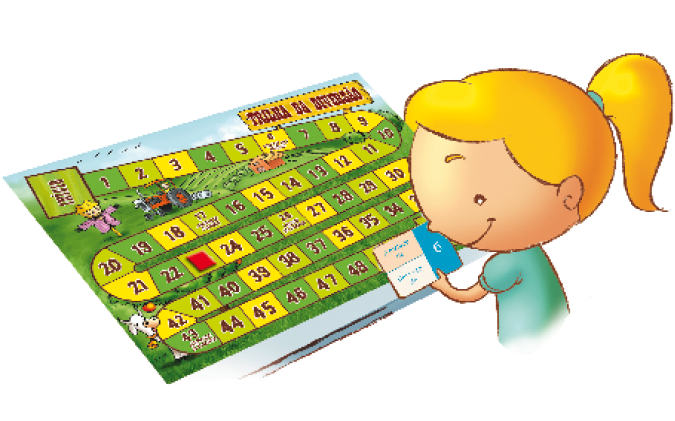 Imagem: Ilustração. Cláudia, menina loira com cabelo preso e camiseta verde está sorrindo e segurando uma carta. Na frente dela, o jogo de tabuleiro.  Fim da imagem.