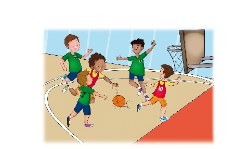 Imagem: Ilustração. Um menino com uniforme amarelo está correndo e batendo uma bola de basquete no chão. Em volta dele há três meninos com uniforme verde. Na frente dele, um menino com uniforme amarelo está com as mãos para cima.   Fim da imagem.