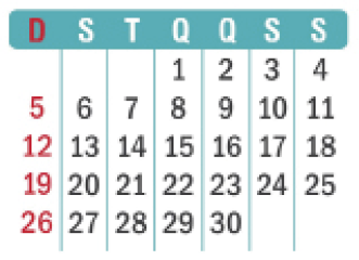 Imagem: Ilustração. Calendário.  Dia 1: Quarta-feira; Dia 2: Quinta-feira; Dia 3: Sexta-feira; Dia 4: Sábado; Dia 5: Domingo; Dia 6: Segunda-feira; Dia 7: Terça-feira; Dia 8: Quarta-feira; Dia 9: Quinta-feira; Dia 10: Sexta-feira; Dia 11: Sábado; Dia 12: Domingo; Dia 13: Segunda-feira; Dia 14: Terça-feira; Dia 15: Quarta-feira; Dia 16: Quinta-feira; Dia 17: Sexta-feira; Dia 18: Sábado; Dia 19: Domingo; Dia 20: Segunda-feira; Dia 21: Terça-feira; Dia 22: Quarta-feira; Dia 23: Quinta-feira; Dia 24: Sexta-feira; Dia 25: Sábado; Dia 26: Domingo; Dia 27: Segunda-feira; Dia 28: Terça-feira; Dia 29: Quarta-feira; Dia 30: Quinta-feira.   Fim da imagem.