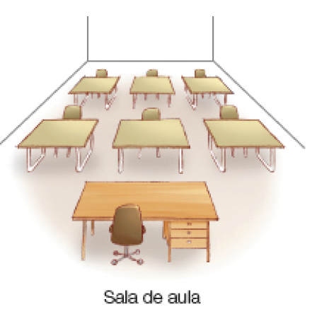 Imagem: Ilustração. Sala de aula. No centro, a mesa da professora e na frente, três fileiras com duas carteiras em cada.   Fim da imagem.