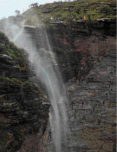 Imagem: Fotografia. Uma cachoeira com vegetação em volta. Fim da imagem.