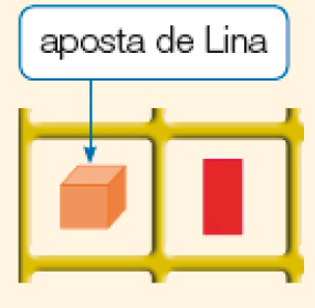 Imagem: Ilustração. À esquerda, um cubo laranja (aposta de Lina) e à direita, um retângulo vermelho.   Fim da imagem.