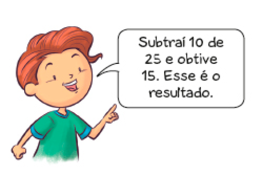 Imagem: Ilustração. Roberto, menino com cabelo castanho-claro e camiseta verde está sorrindo e apontando para cima. Ele diz: Subtraí 10 de 25 e obtive 15. Esse é o resultado. Fim da imagem.