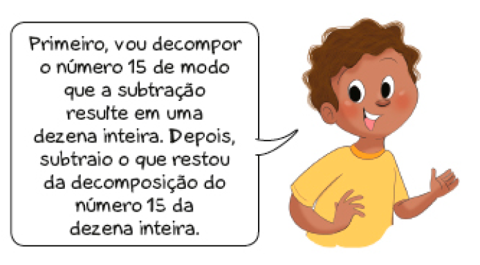 Imagem: Ilustração. Jonas sorri e fala: Primeiro, vou decompor o número 15 de modo que a subtração resulte em uma dezena inteira. Depois, subtraio o que restou da decomposição do número 15 da dezena inteira.  Fim da imagem.