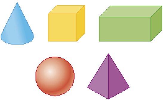 Imagem: Ilustração. Um cone azul, um cubo amarelo, um paralelepípedo verde, uma esfera vermelha e uma pirâmide roxa. Fim da imagem.