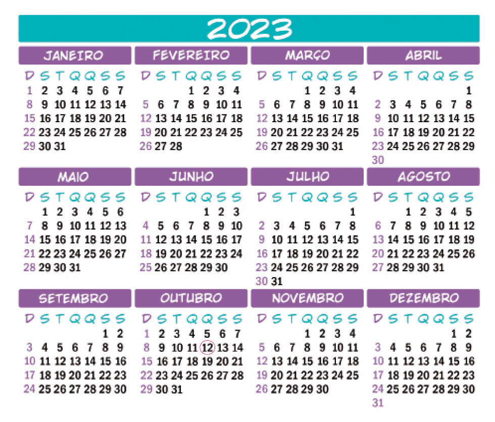 Imagem: Ilustração. Calendário de 2023 com os meses: Janeiro, Fevereiro, Março, Abril, Maio, Junho, Julho, Agosto, Setembro, Outubro, Novembro, Dezembro.   Fim da imagem.