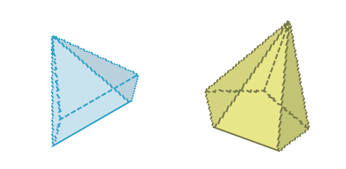 Imagem: Ilustração. À esquerda, pirâmide azul com base quadrada. À direita, pirâmide verde com base pentagonal. Fim da imagem.