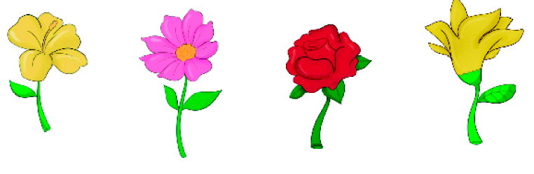 Imagem: Ilustração. Flor amarela, flor rosa, flor vermelha, flor amarela. Fim da imagem.