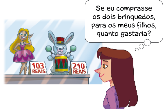 Imagem: Ilustração. Uma mulher com cabelo castanho e comprido e blusa roxa, olha uma vitrine e pensa: Se eu comprasse os dois brinquedos, para os meus filhos, quanto gastaria? Na frente dela, a vitrine com uma boneca (103 reais) e um coelho segurando um tambor (210 reais).  Fim da imagem.