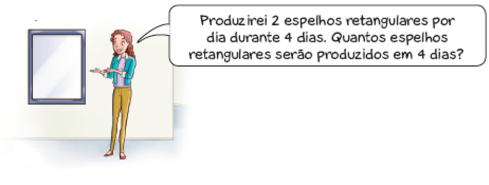 Imagem: Ilustração. Sandra com as mãos viradas para cima pergunta: Produzirei 2 espelhos retangulares por dia durante 4 dias. Quantos espelhos retangulares serão produzidos em 4 dias? Ao seu lado há um espelho retangular pendurado em uma parede.  Fim da imagem.