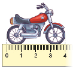 Imagem: Ilustração. Uma moto vermelha. Abaixo, uma régua indicando 4 centímetros.   Fim da imagem.