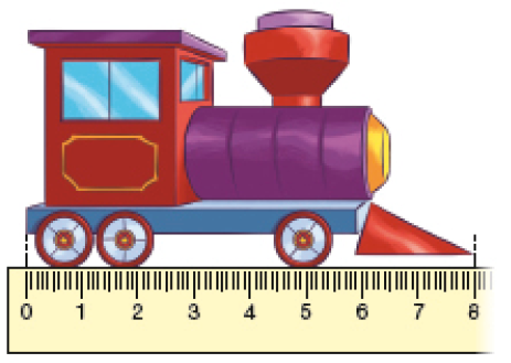 Imagem: Ilustração. Um trem vermelho e roxo. Abaixo, uma régua indicando 8 centímetros.  Fim da imagem.