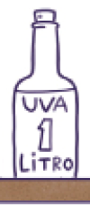Imagem: Ilustração em preto e branco. Uma mamadeira pequena, uma garrafa com a informação: UVA 1 litro, uma xícara, uma garrafa grande e um jarro grande.  Fim da imagem.