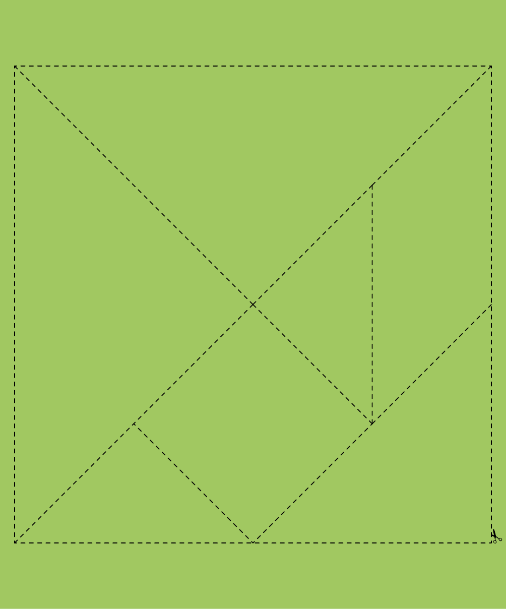 Imagem: Ilustração. Papel verde. No centro há figuras geométricas formando um quadrado com linhas pontilhadas em volta para recortar. Fim da imagem.