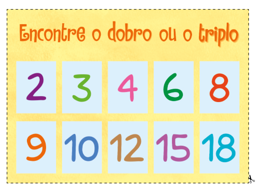 Imagem: Ilustração. Quadro com linhas pontilhadas em volta para recortar. Na parte superior, a informação: Encontre o dobro ou o triplo. Na parte inferior, os números: 2, 3, 4, 6, 8, 9, 10, 12, 15, 18.  Fim da imagem.