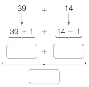 Imagem: Ilustração.  39 + 14;  39 + 1 + 14 – 1;  + Fim da imagem.