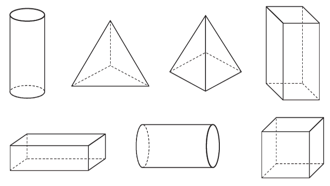 Imagem: Ilustração em preto e branco. Dois cilindros, duas pirâmides, dois paralelepípedos e um cubo. Fim da imagem.