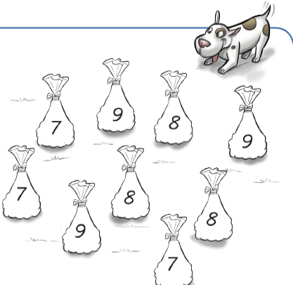 Imagem: Ilustração. Um cachorro está abanando o rabo. Na frente dele há nove sacos com os números: 7, 7, 9, 9, 8, 8, 9, 8, 7.  Fim da imagem.