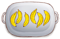 Imagem: Ilustração. Uma bandeja com seis bananas.   Fim da imagem.