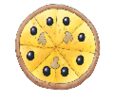 Imagem: Ilustração. Uma pizza de queijo com azeitonas.   Fim da imagem.