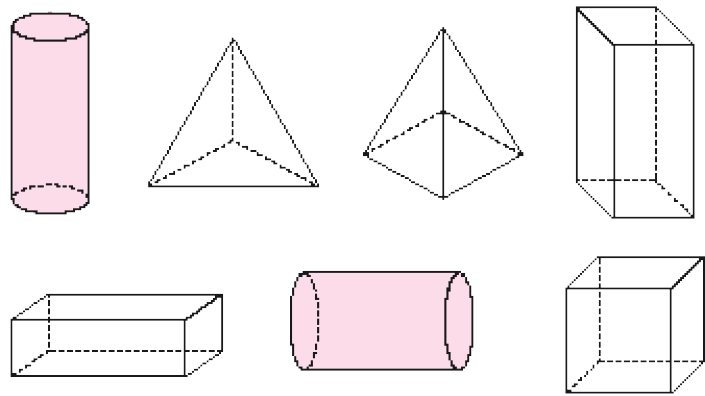 Imagem: Ilustração em preto e branco. Dois cilindros, duas pirâmides, dois paralelepípedos e um cubo. Os cilindros estão pintados de rosa.  Fim da imagem.