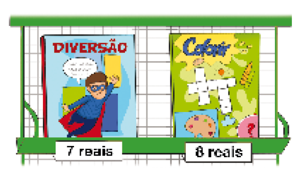 Imagem: Ilustração. À esquerda, revista Diversão e abaixo, o preço: 7 reais. À direita, revista Colorir e abaixo, o preço: 8 reais.  Fim da imagem.