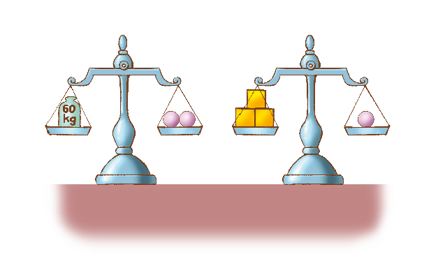 Imagem: Ilustração. Balança de pratos em equilíbrio. No prato à esquerda, um peso de 60 kg e no prato à direita, duas bolas rosa. Ao lado, outra balança de pratos em equilíbrio. No prato à esquerda há três cubos dourados e no prato à direita, uma bola rosa.  Fim da imagem.