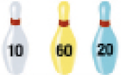 Ilustração. Pino de boliche branco (10), amarelo (60) e azul (20).  