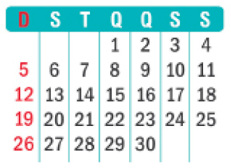 Imagem: Ilustração. Calendário.  Dia 1: Quarta-feira; Dia 2: Quinta-feira; Dia 3: Sexta-feira; Dia 4: Sábado; Dia 5: Domingo; Dia 6: Segunda-feira; Dia 7: Terça-feira; Dia 8: Quarta-feira; Dia 9: Quinta-feira; Dia 10: Sexta-feira; Dia 11: Sábado; Dia 12: Domingo; Dia 13: Segunda-feira; Dia 14: Terça-feira; Dia 15: Quarta-feira; Dia 16: Quinta-feira; Dia 17: Sexta-feira; Dia 18: Sábado; Dia 19: Domingo; Dia 20: Segunda-feira; Dia 21: Terça-feira; Dia 22: Quarta-feira; Dia 23: Quinta-feira; Dia 24: Sexta-feira; Dia 25: Sábado; Dia 26: Domingo; Dia 27: Segunda-feira; Dia 28: Terça-feira; Dia 29: Quarta-feira; Dia 30: Quinta-feira.   Fim da imagem.