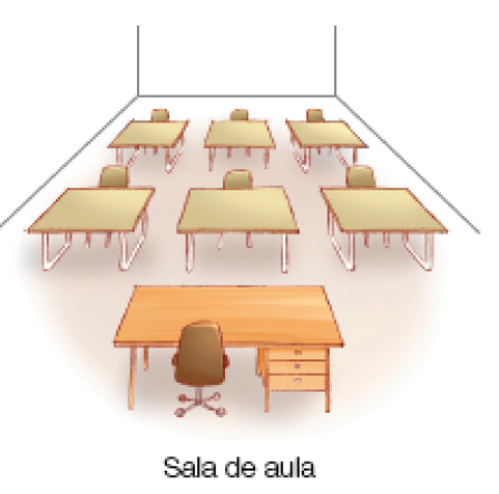 Imagem: Ilustração. Sala de aula. No centro, a mesa da professora e na frente, três fileiras com duas carteiras em cada.   Fim da imagem.